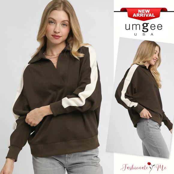 Umgee Color Block Long Sleeves Collared Neckline Oversized Sweatshirt | Espresso - Picture 1 of 6